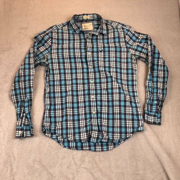 American Eagle Outfitters Mens Button Down Shirt Medium Blue Plaid Long Sleeves - Picture 10 of 11